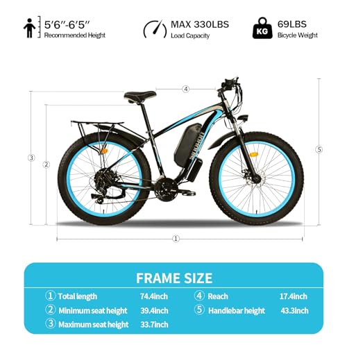 Electric Mountain Bike 26'' Fat Tire Electric Bicycle with 750W Motor and Shimano 21-Speed for Adults, 48V 13Ah Lithium Battery, All-Terrain Fat Tires, 26'' Wheel Size