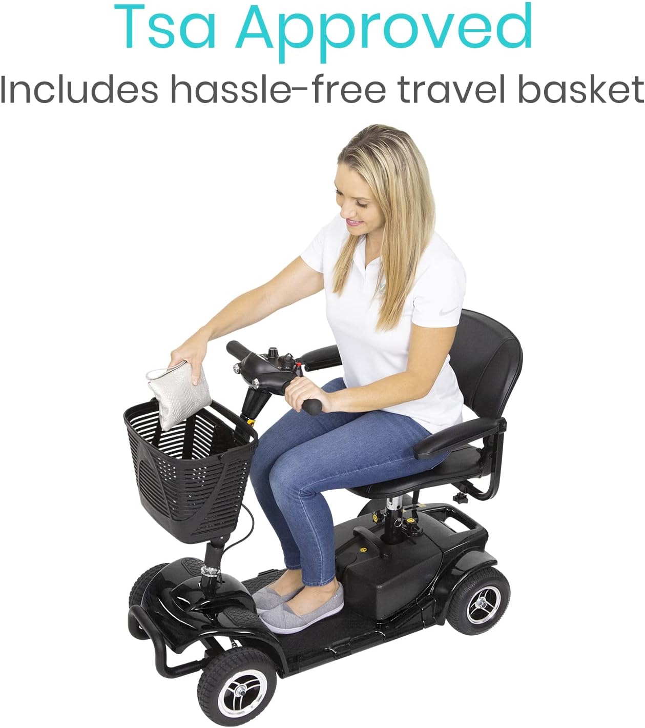 Vive 4 Wheel Mobility Scooter - Electric Powered Wheelchair Device - Compact Heavy Duty Mobile for Travel, Adults, Elderly - Long Range Power Extended Battery with Charger and Basket Included