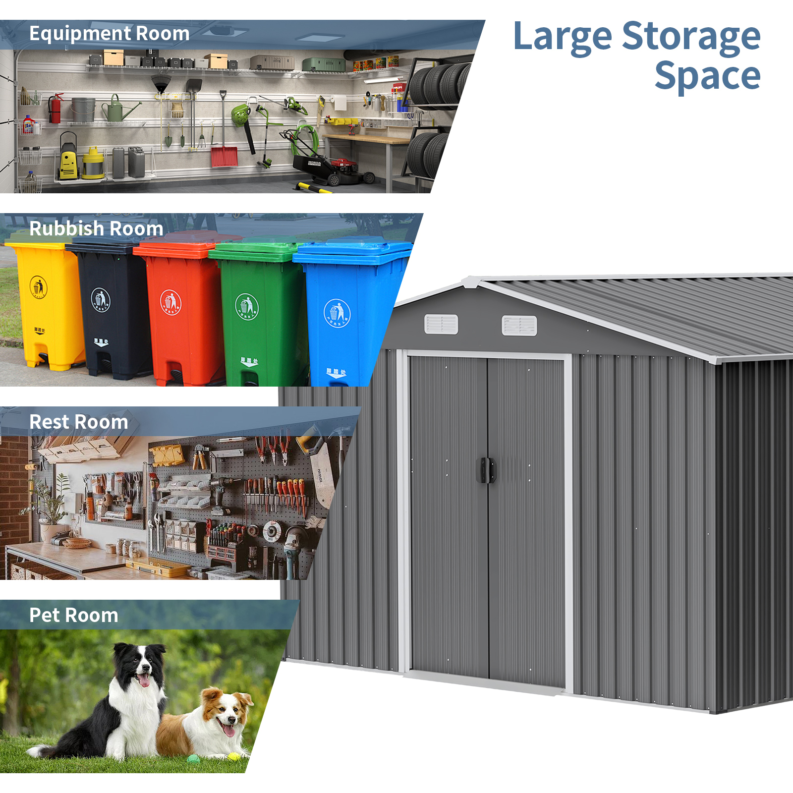 SYTHERS 10x8 FT Outdoor Storage Shed, Metal Garden Sheds Kit with Double Lockable Door, All Weather Garden Tool Sheds for Backyard Patio, Grey