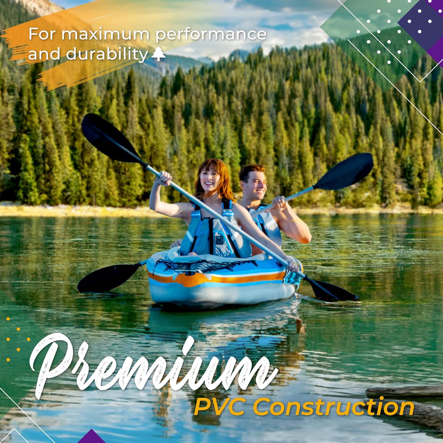 Sunlite Sports 2-Person Inflatable Kayak with Aluminum Oars (136" x 33"), High Output Air Pump and Storage Bag, Double Tandem Kayak for Adults, Two Person Canoe and Kayack, S2 Chesapeake