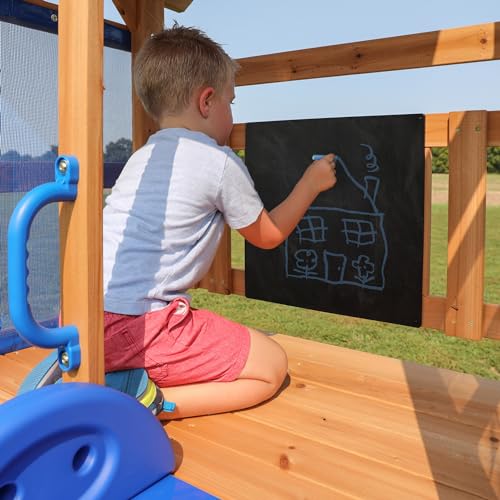 Backyard Discovery Buckley Hill Wooden Swing Set, Made for Small Yards and Younger Children, Two Belt Swings, Covered Mesh Fort with Canopy, Rock Climber Wall, 6 ft Slide Green