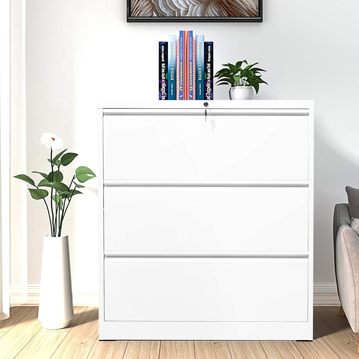 INVIE 3 Drawer File Cabinet with Lock, Metal Vertical Filing Cabinet Under Desk for Legal Letter File Anti-tilt Design Office Rolling File Cabinet(White A)��