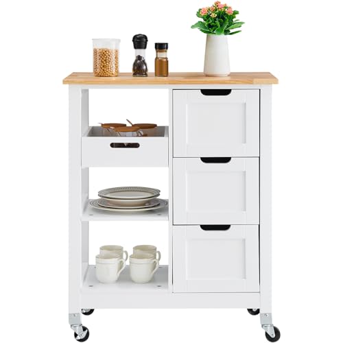 VEVOR Kitchen Island Cart, 26 inch Wood Top Mobile Breakfast Bar, Rolling Kitchen Table with 3 Drawers and Shelves, Portable Islands on Wheels, for Dining Kitchen Living Room Farmhouse, White