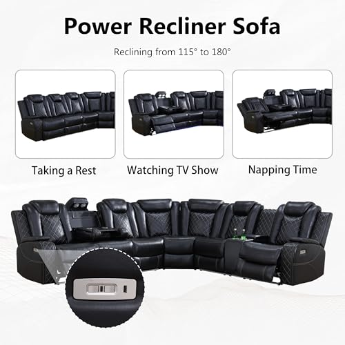 Leather Power Recliner Sectional Sofa with LED, Power Reclining Sectional Couch, Breathing Leather Sofa Couch with USB Port&Cup Holder for Living Room (Living Room Set,Cream White)