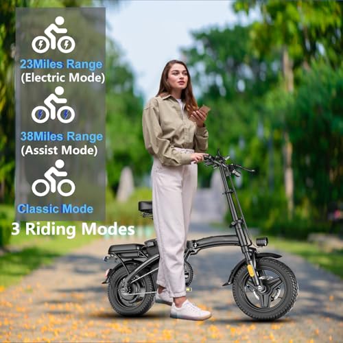 Electric Bike for Adults Peak 500W, 23MPH Max Speed Folding Electric Bicycles, 14" Mini Ebike Pedal Assist, 30° Uphill Shock Absorbers E-Bike, 48V12AH Removable Battery, Top 38 Miles PAS Range