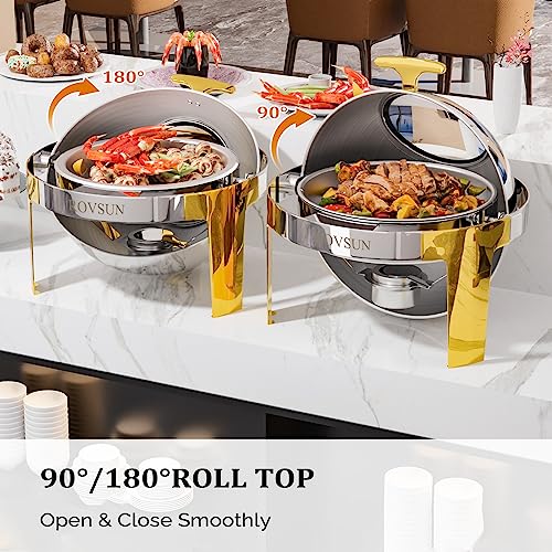 ROVSUN 3 Packs Roll Top Chafing Dish Buffet Set Gold Accent,6 Quart Round Stainless Steel Chafer, Buffet Servers and Warmers Set Warming Tray with Glass Window for Wedding, Parties, Banquet, Events