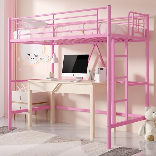 VECELO Metal Loft Bed Twin Size, Heavy Duty Bedframe with Removable Ladder and Safety Guardrail, Space-Saving, Noise Free, No Box Spring Needed, Off White