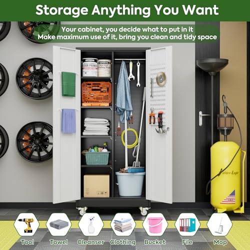 73" H Metal Storage Cabinet with Wheels, Garage Storage Cabinet with 4 Adjustable Shelves and Lockable Doors for Garage Home Office Utility Room,Required Assembly,Black