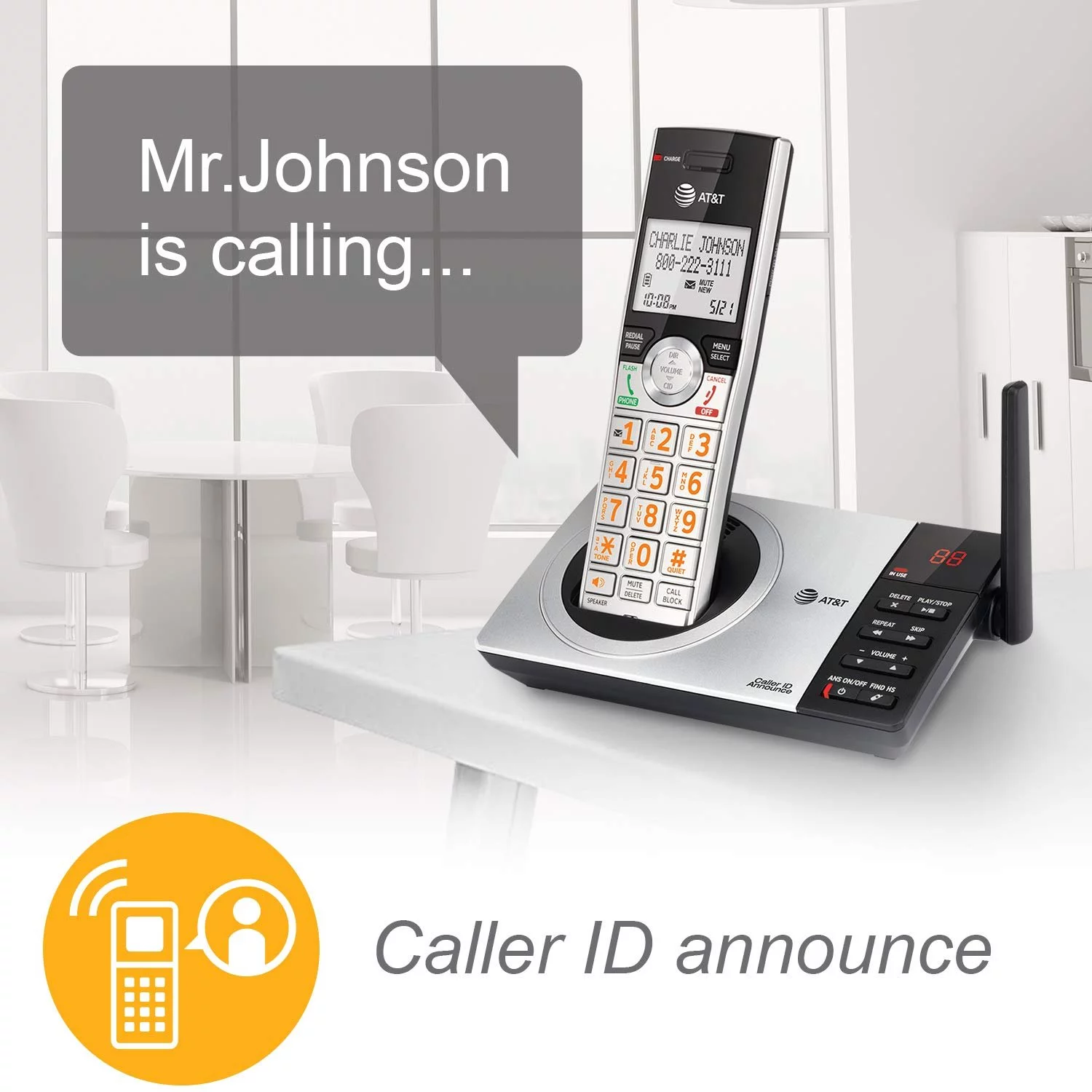 AT&T CL82407 DECT 6.0 Expandable Answering System with Smart Call Blocker, Silver/Black with 4 Handsets