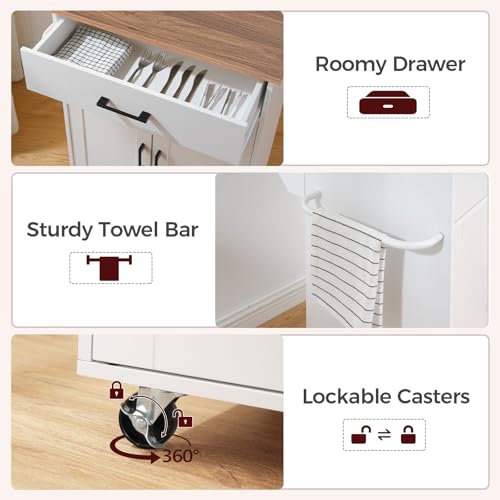 Kitchen Island on Wheels with Drop Leaf, Folding Countertop Kitchen Island Cart, Kitchen Island Table with Towel Rack, Drawer, for Kitchen, Dining Room, White and Natural KINW12501