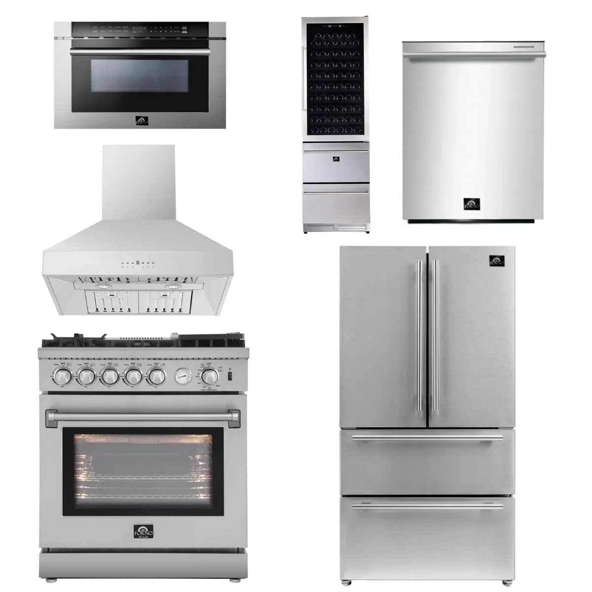 Forno Appliance Package - 30 Gas Range with Airfryer, Range Hood, 36 Refrigerator, Dishwasher, Microwave Drawer, Wine Cooler, AP-FFSGS6276-30-13
