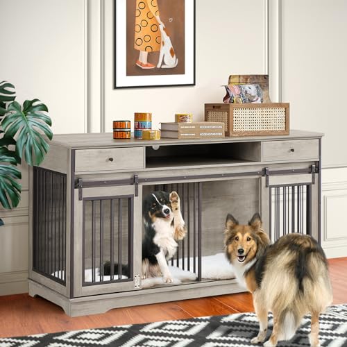 86 Inch Double Dog Crate Furniture with Divider, 4 Combination Forms Large Dog Kennel Furniture for 2 Dogs, Rustic Brown Corner Dog Kennel for Small Medium Large Dogs