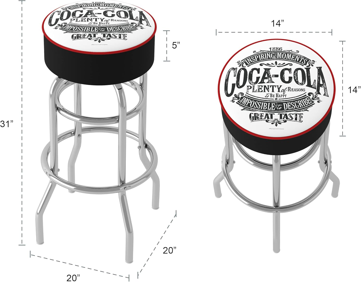 Bar Stool - Coca-Cola Brazil 1886 Vintage Stool with Foam Padded Seat - Swivel Chair for Game Room, Garage, or Home Bar by Trademark Gameroom