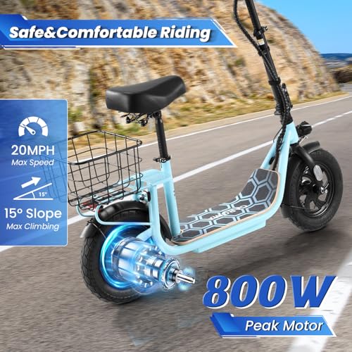 Caroma Peak 800W/1200W Electric Scooter Adults, 30 Miles Max Range, Foldable Electric Scooter with Seat, Front Suspension, Detachable Large Basket,Commuter E-Scooter for Adult and Teens
