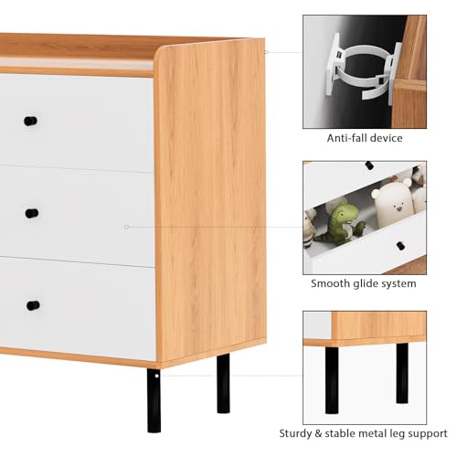 White Nursery Dresser for Bedroom with 6 Drawers, Modern Wood 6 Drawer Dresser with Black Knobs, Chest of Drawers for Nursery, Living Room, Closet, Entryway, Hallway (White+Wood)