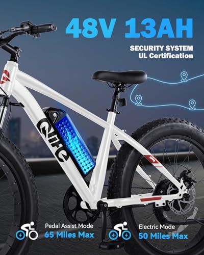 Racer Plus Adult Electric Bicycle, Peak 1000W Motor Electric Bike for Adults, Up to 28MPH 65Miles, 26x4.0 Fat Tire Electric Mountain Bike with 48V 13AH Battery, 7 Speed Front Suspension E Bike