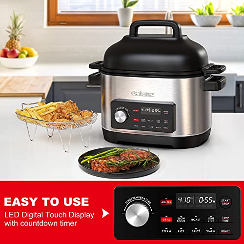 Galanz Electric Pressure Cooker & Air Fryer with Preset Programs Including Slow Cook, AirFry, Dehydrate, Rice, Grill, Roast, Steam, Beans, Stew, Warm,Stainless Steel