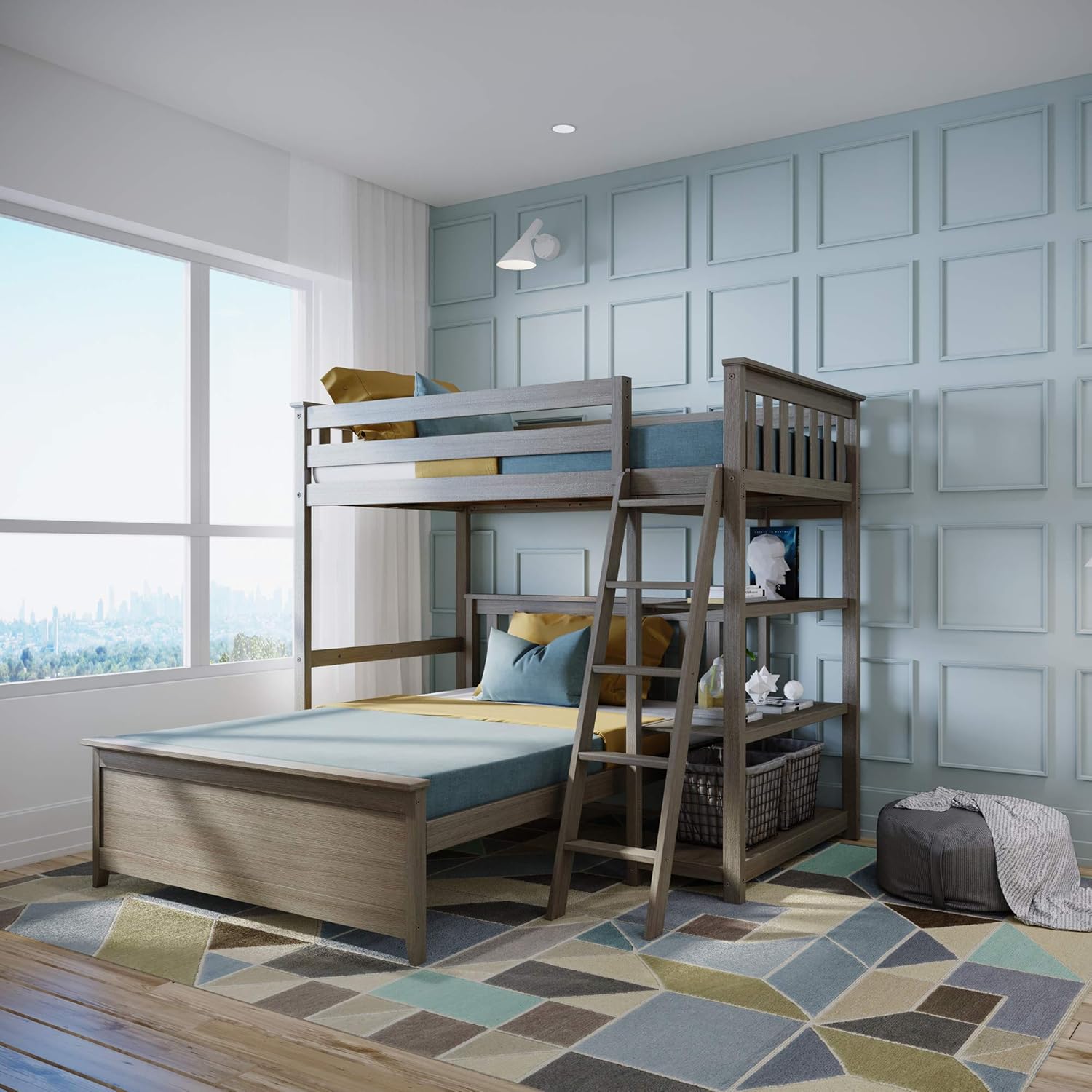 Max & Lily L Shape Bunk Bed with Bookcase, Twin/Full, White