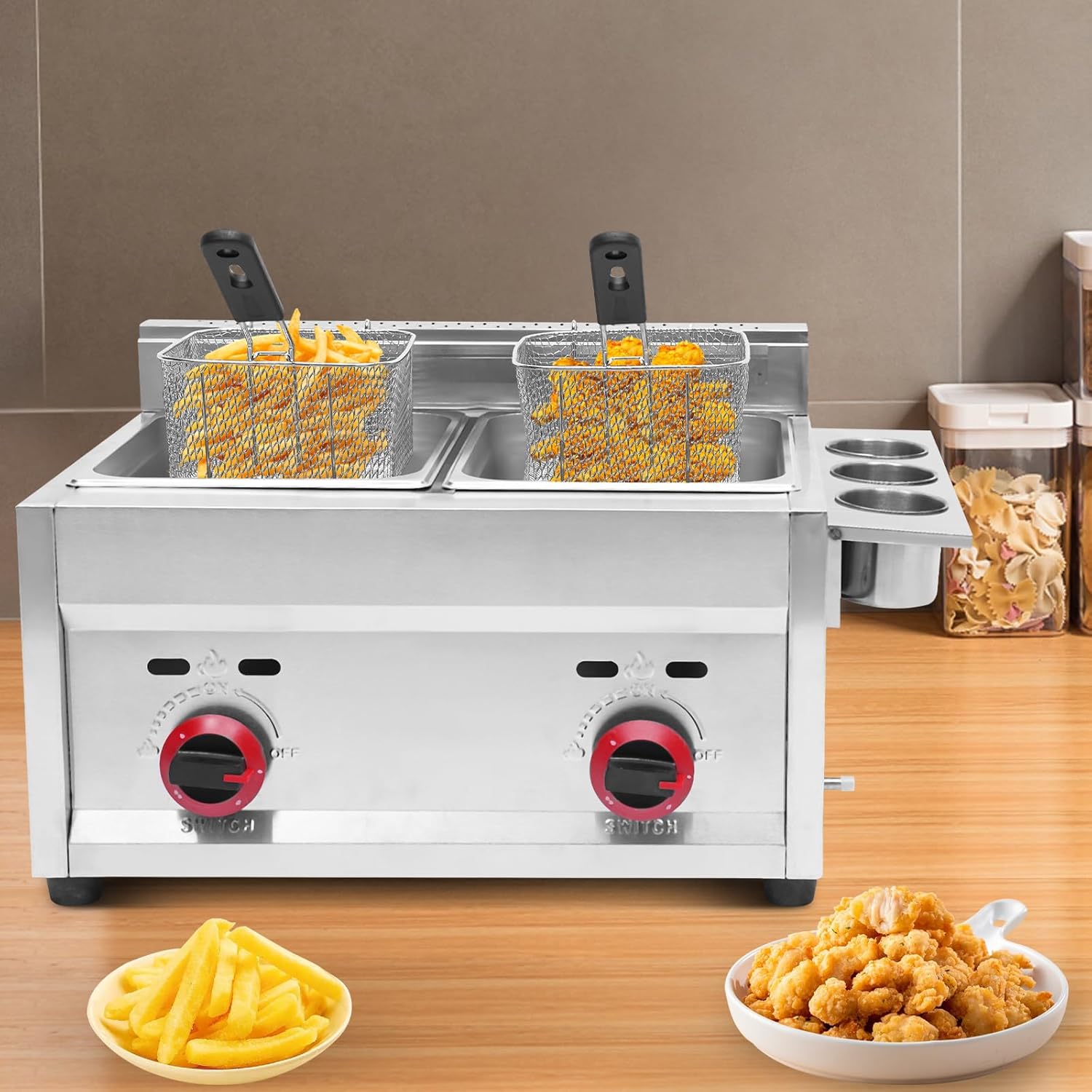 Commercial LPG Deep Fryer 2X 6L Double Basket Commercial Deep Fryer Counter Top Gas Fryer Stainless Steel for French Fries, Chicken, Donuts, Wings 5.3QT*2 Heating Power: 18000Btu/hr