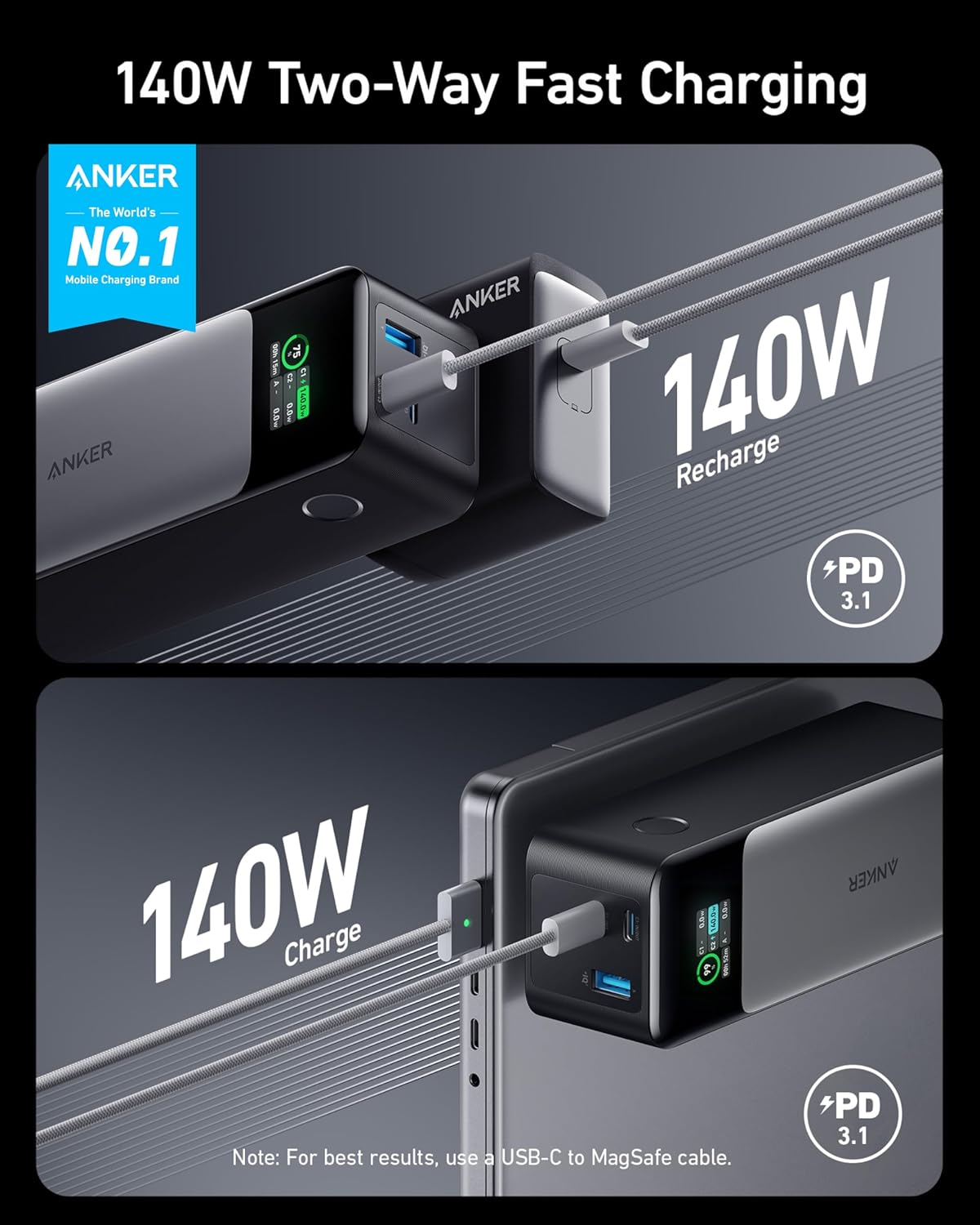 Anker Power Bank, 24,000mAh 3-Port Portable Charger with 140W Output, Smart Digital Display Prime Power Bank 20,000mAh Portable Charger with 200W Output