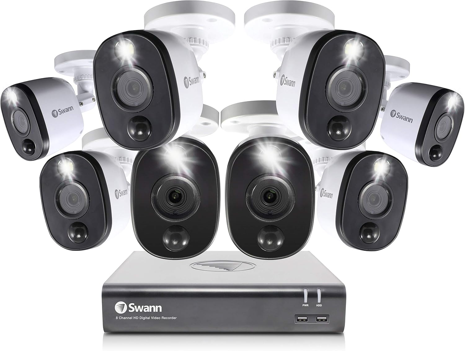 Swann Home Security Camera System, 8 Channel 8 Bullet Cameras, 1080p HD DVR, Indoor/Outdoor Wired Surveillance CCTV, Night Vision, Heat & Motion Sensing, Alexa + Google, 1TB Hard Drive, SWDVK-845808V