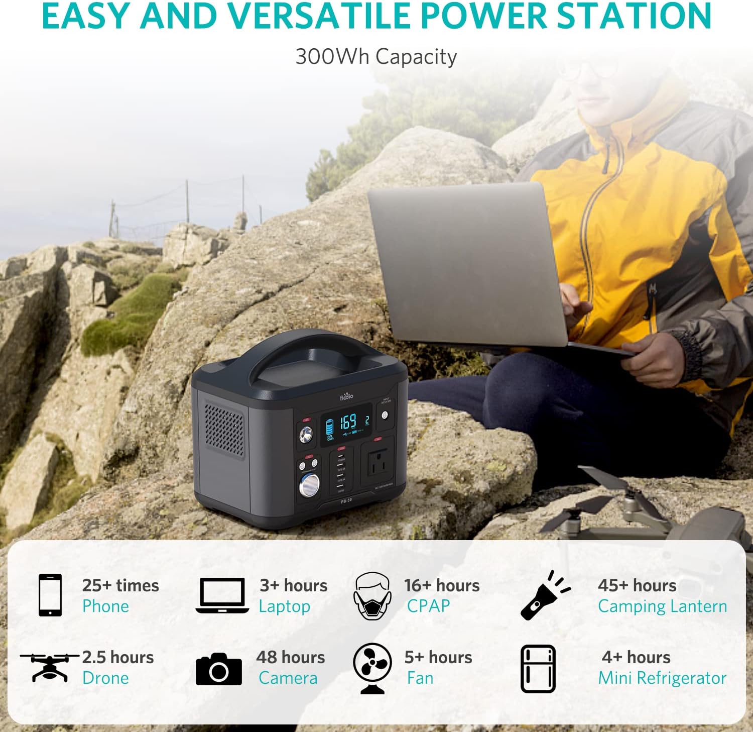 Fiodio Portable Power Station 300Wh, Solar Generator with AC110V 300W AC Outlet, PD 60W Quick Charge, Charge up to 8 Devices, Backup Battery for Home Camping Emergency Use