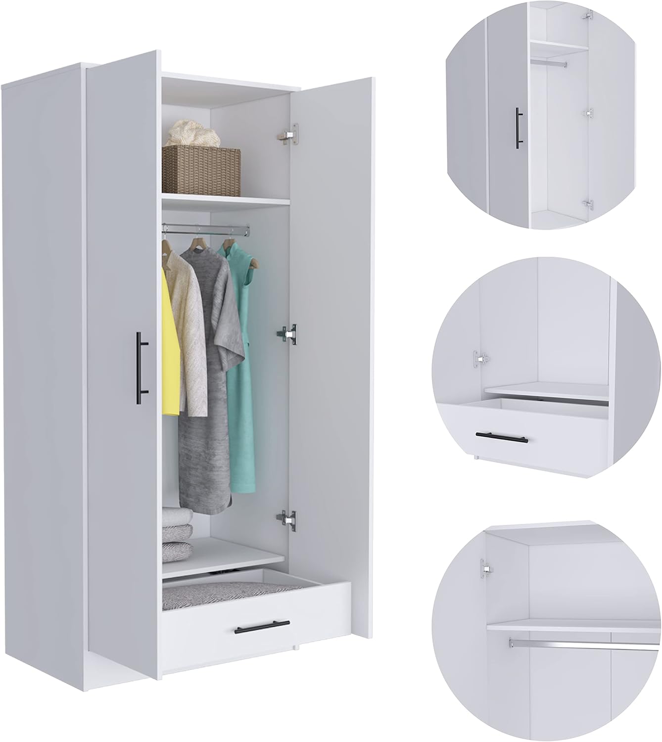 Darwin 180 Armoire with Double Doors, Metal Rod, Top Shelf, and Drawer, White