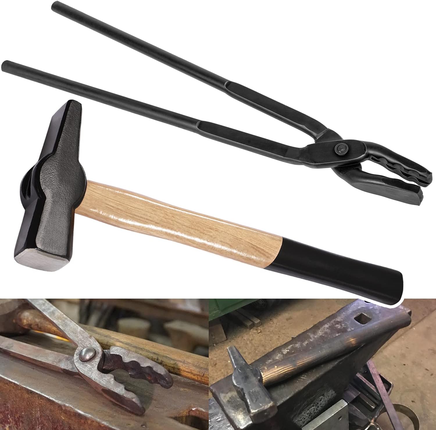 Blacksmith 17” Wolf Jaw Tongs and Hammer Tool Set Essential Tools for Blacksmith Bladesmith Forge Pack of 2