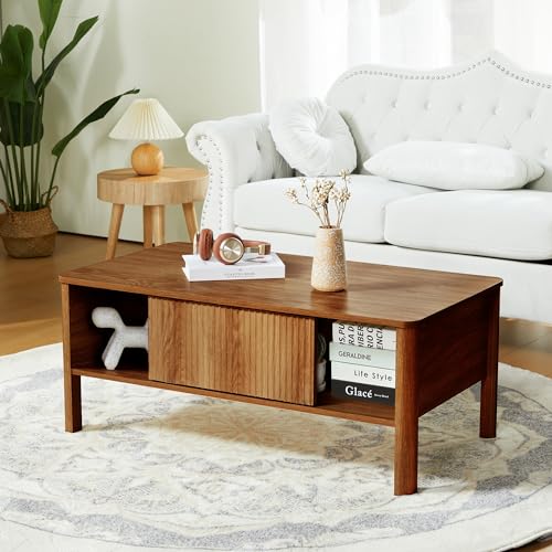 Led TV Stand and Coffee Table Set, Mid Century Modern TV Stand 65 inch TV Table Stand with Sliding Doors, Coffee Table with Storage, Marble Grain Wood Smart Large Living Room Table (Black)