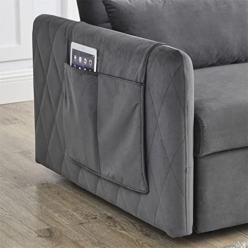 55" Convertible Sleeper Sofa Bed with 2 Pillows and 2 Detachable Pockets, Modern Velvet Upholstered Loveseat Sofa Couch with Pull Out Bed and Adjustable Backrest, Multifunctional 2-Seater Sofa, Blue