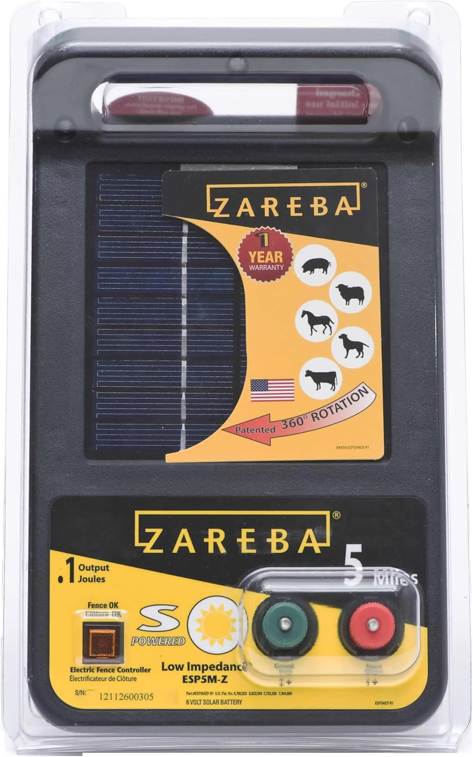 Zareba ESP5M-Z Solar Powered Low Impedance Electric Fence Charger - 5 Mile Lightning Electric Fence Energizer, Contain Animals and Keep Out Predators,Black