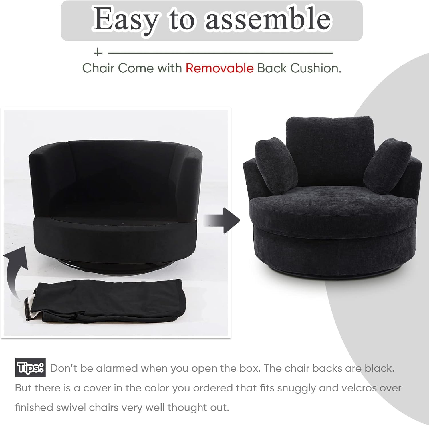 Swivel Barrel Chair for Living Room, Modern Round Swivel Chair Sofa Chair Chenille Club Chair Boucle Chair Armchair Decorative Furniture Nursery Chair, Bedroom, Classroom Corner Chair (Black)