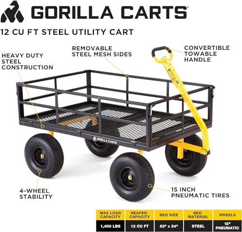 Gorilla Carts 1000 Pound Capacity Heavy Duty Steel Mesh Versatile Utility Wagon Cart with Easy Grip Handle for Outdoor Hauling and Gardening, Gray