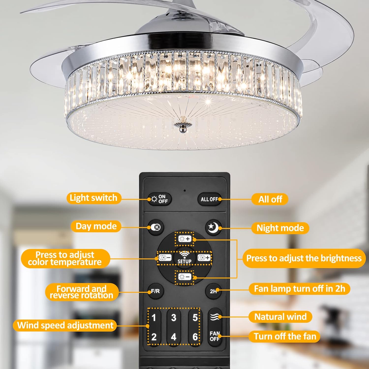 42" Retractable Crystal Ceiling Fans with Lights, Stepless Dimmable Chandelier Ceiling Fans Remote Control Invisible Blades, Reversible Fandelier Fans for Living Room Bedroom