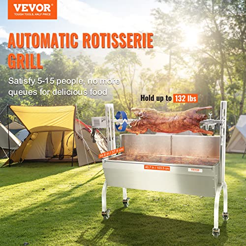 VEVOR Stainless Steel Rotisserie Grill, BBQ Whole Pig Lamb Goat Charcoal Spit Grill, Electric 50W Motor BBQ Hog Rotisserie Roaster, 46 Inch 90 Lbs Capacity Lamb Rotisserie System for Camping Outdoor