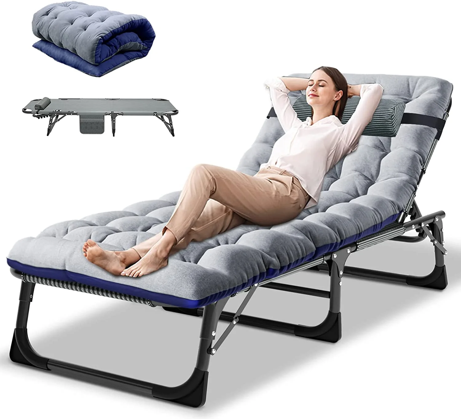 Slsy 4-Fold Folding Camping Cot with 2 Sided Mattress & Pillow, Adjustable 4-Position Folding Lounge Chair, Portable Sleeping Cots Bed