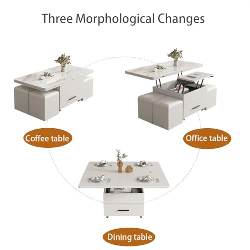 3 in 1 Expandable Wood Dining Table with 4 Storage Stools - Multi-Function Lift Top Coffee Table with Drawer for Living Room(White)