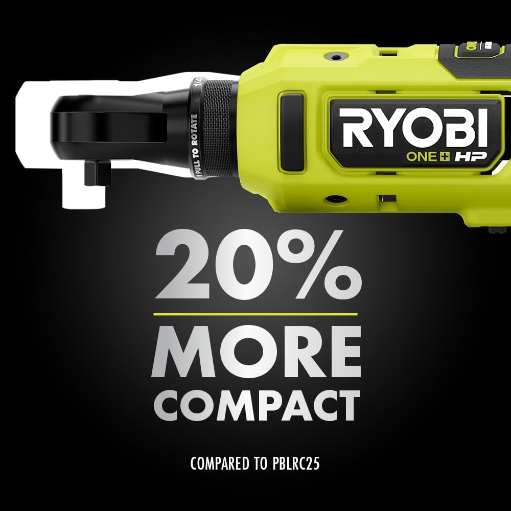 Ryobi One+ HP 18V 1/4" Brushless Cordless Compact Electric Ratchet Kit with 2.0Ah Lithium Battery and Charger, 4-Position Rotating Head, and Up to 460 RPM