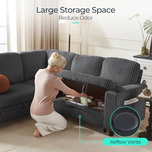 LINSY HOME Sectional Sleeper Sofa with Pull Out Couch Bed Convertible Plush Corduroy Cloud Couch with Storage Chaise & USB Charging, Comfy L Shaped Modular Couches for Living Room Apartment (Grey)