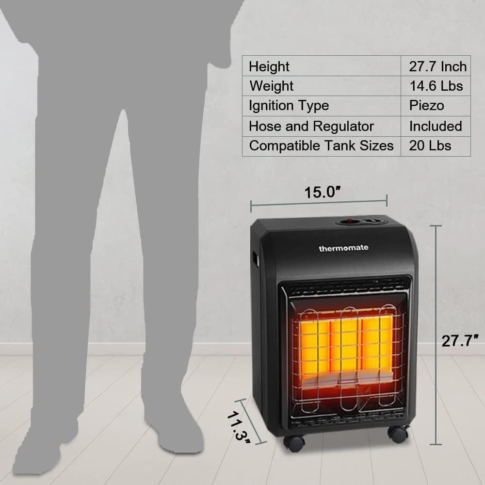 Propane Heater, thermomate 18,000 BTU Portable LP Gas Heater with 3 Power Settings, Mobile Radiant Cabinet LP Heater with Gas Regulator and Hose, Heating Area Up to 450 Sq. Ft