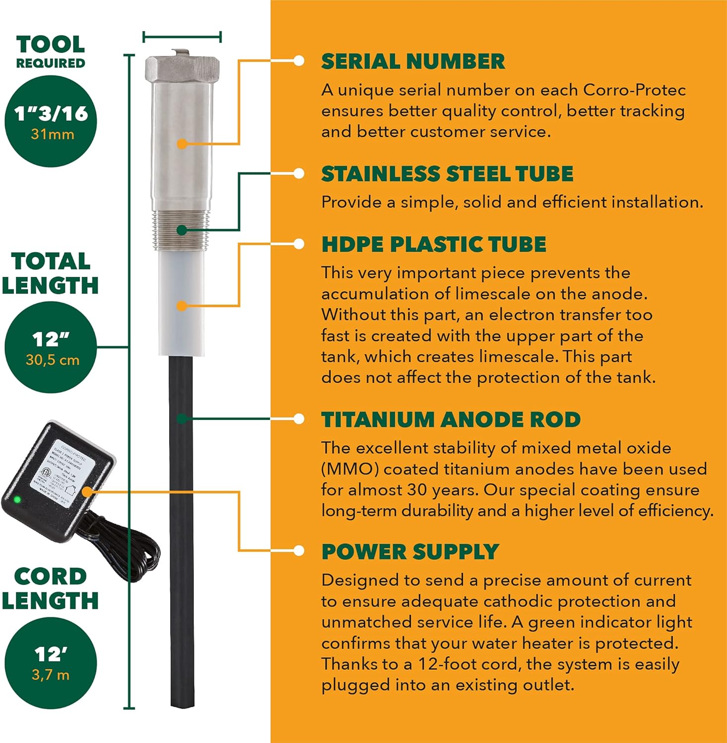 Corro-Protec? Powered Anode Rod for Water Heater, 20-Year Warranty, Eliminates Rotten Egg/Sulfur Smell within 24 hours, Stops Corrosion and Reduces Limescale, Electrical Anode Rod Made of Titanium