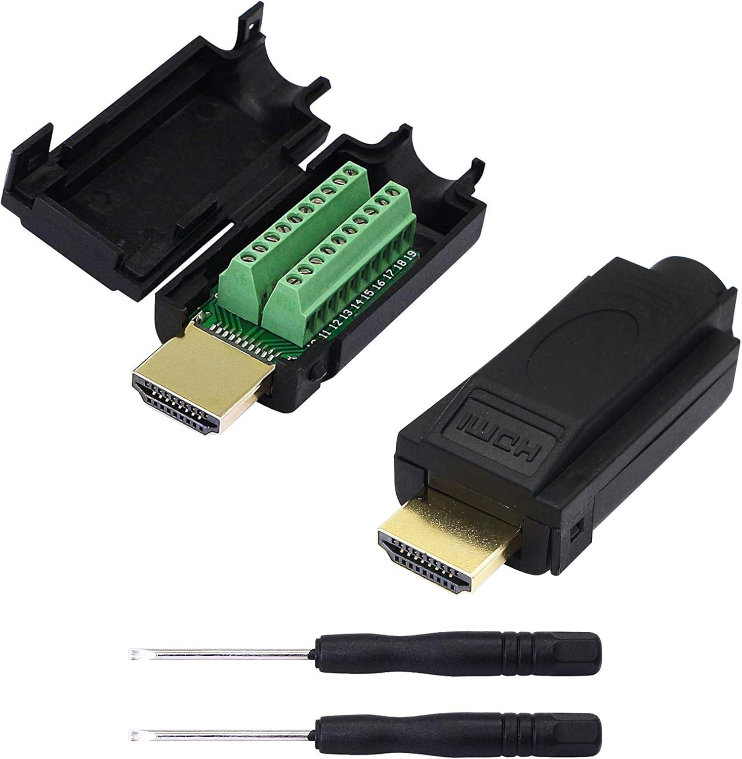 SinLoon 2 Pack HDMI Solderless Adapter Gold Plated HDMI Extension Cable Connector Signals Terminal Breakout Board Free Welding Connector with Plastic Cover Screwdriver