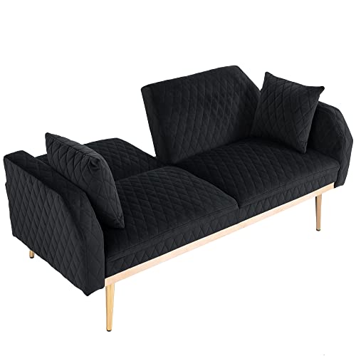 Modern Velvet Loveseat,Convertible Sleeper Futon Sofa Bed with Metal Legs and 2 Throw Pillows for Living Room, Bedroom (Black)