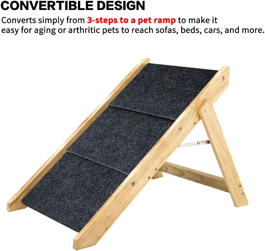 MEWANG Wood Pet Stairs/Pet Steps - Foldable 3 Levels Dog Stairs & Ramp Perfect for Beds and Cars - Portable Dog/Cat Ladder Up to 110 Pounds