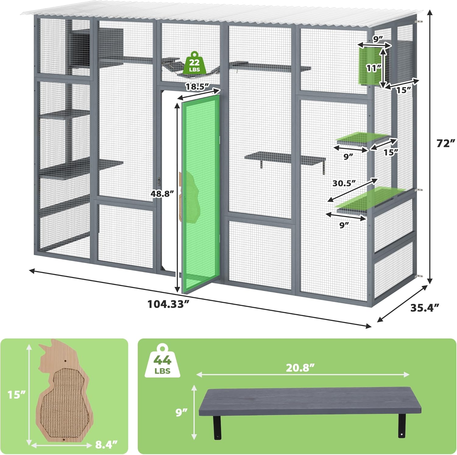 COZIWOW Catio Outdoor Cat Enclosure, 104" L Large Catio for Indoor Cats Window Access, Wooden Window Cat Catio with Weather Protection Roof, 6 Platforms, 2 Houses, Bridge, Scratching Board, Grey