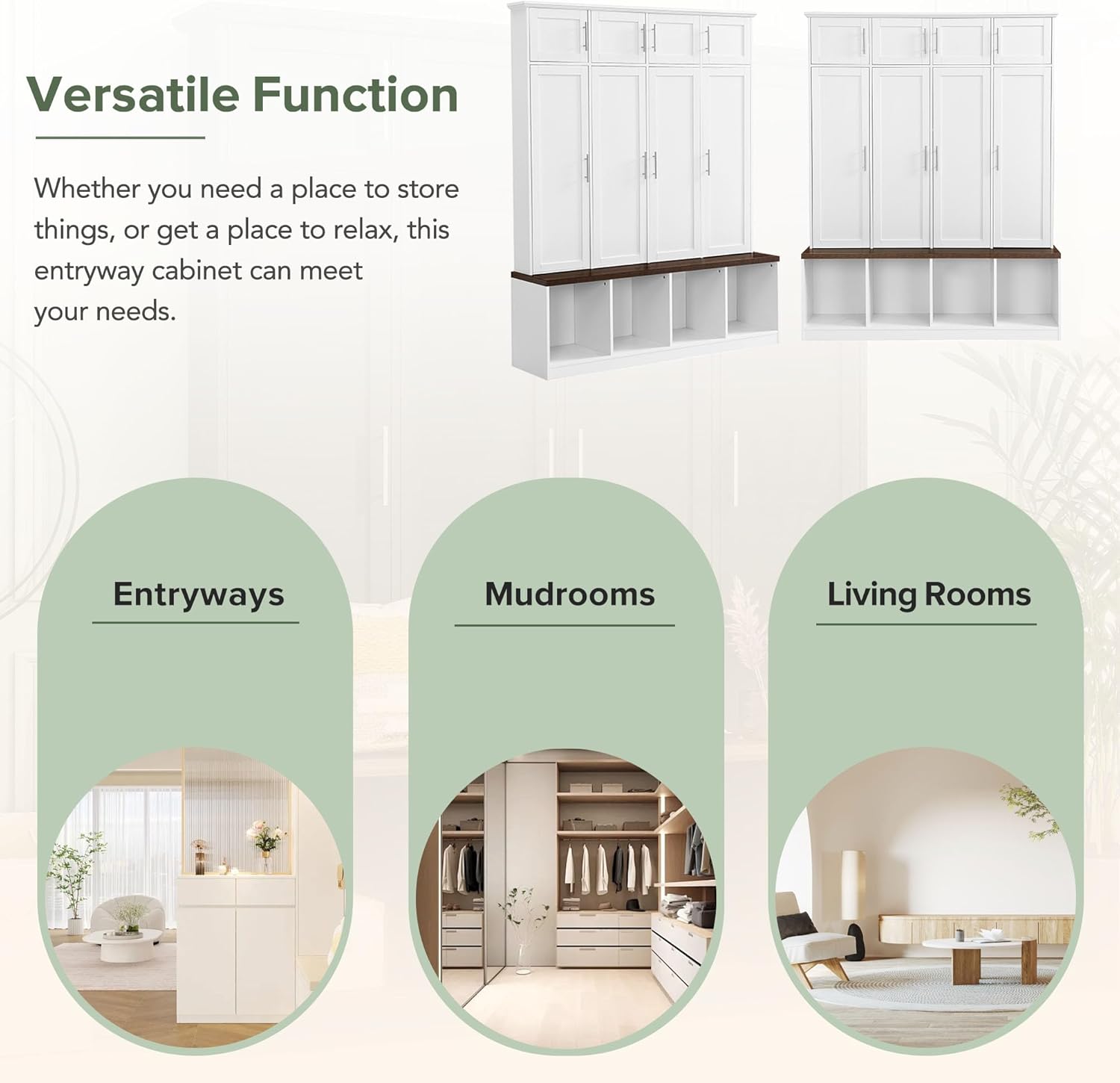 LUMISOL Wide Entryway Hall Tree with Storage Bench & Shoe Cube Storage, Shoe Cabinet with 4 Hidden Hanging Hooks and 8 Cabinets, Hallway Coat Rack with Open Compartments for Living Room Mudroom, White