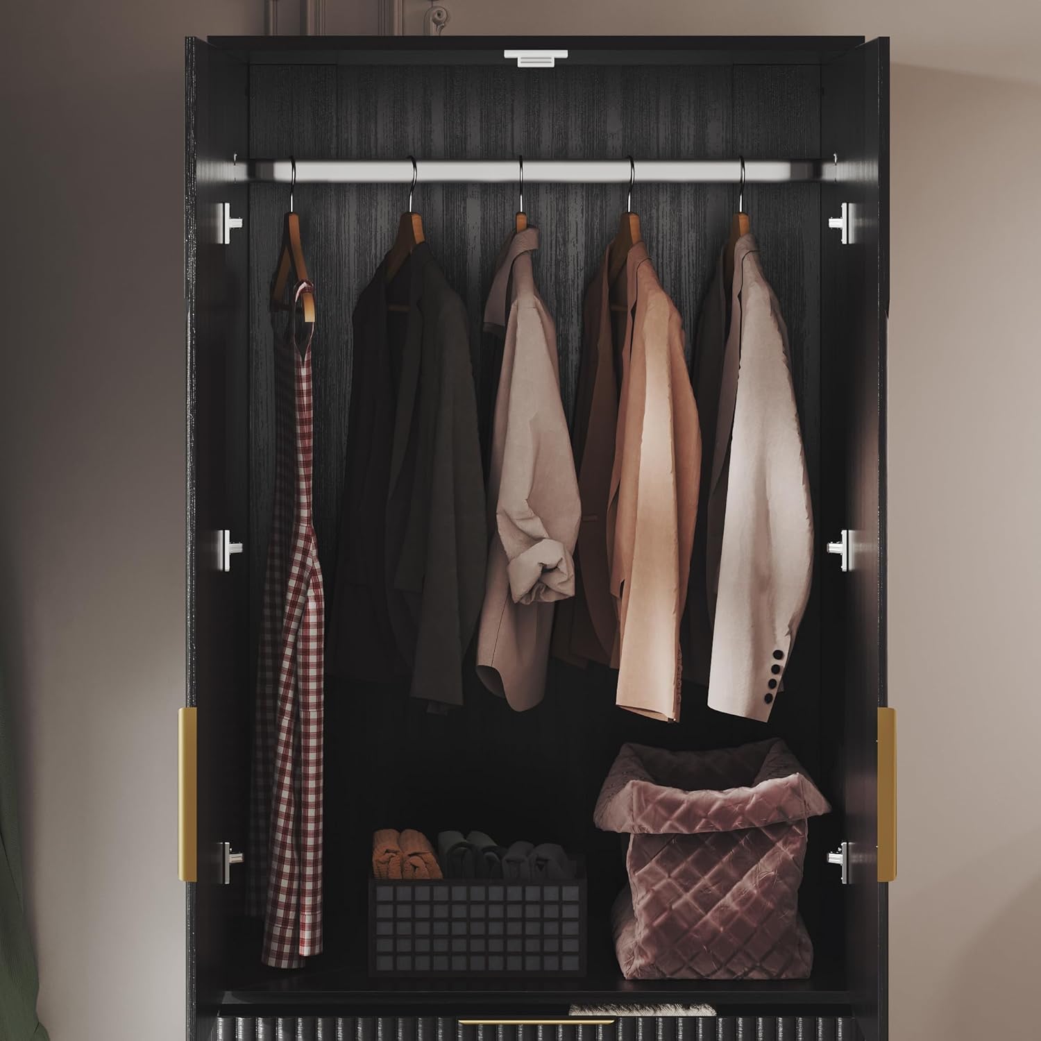 71.7 " Wardrobe Armoire Wooden Closet with 2 Doors and 3 Drawer, Bedroom Armoire with Hanging Rod Shelf, Large Capacity Storage Wardrobe Armoire, Freestanding Wooden Closet Storage Cabinet Black