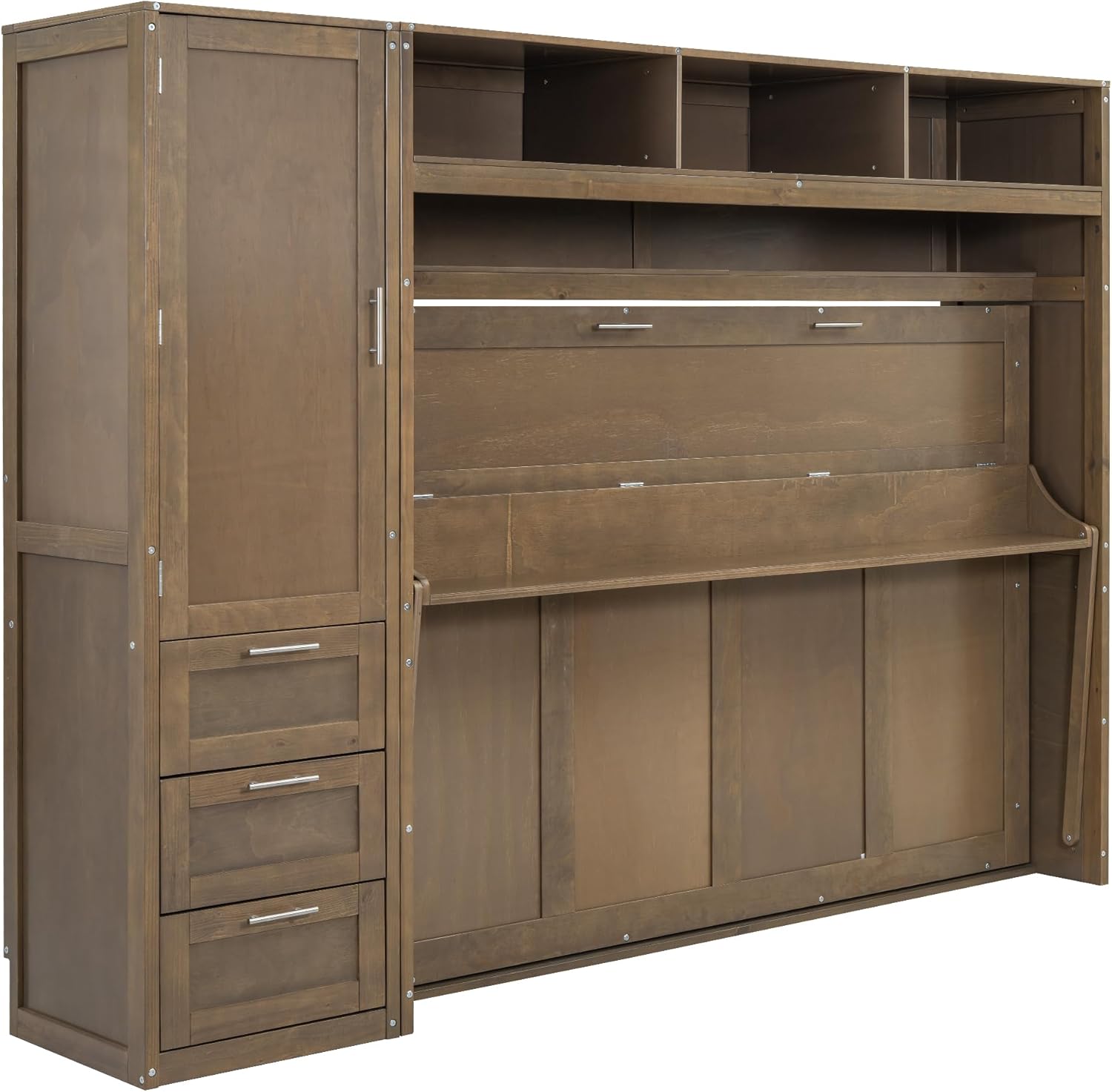 Merax Full Size Murphy Bed Frame Wallbed with Wardrobe,3 Drawers and Open Shelves,Space-Saving Design