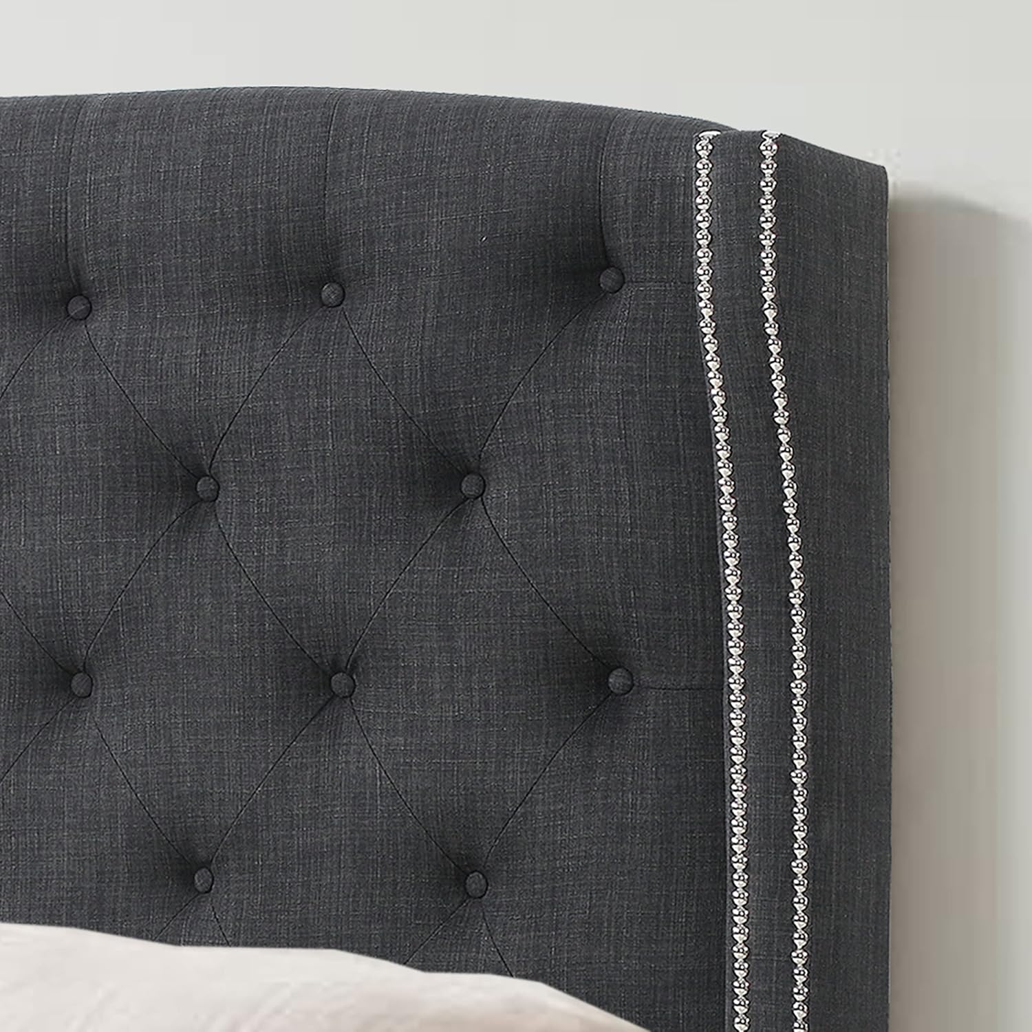 Rosevera Louis Linen Upholstered Wingback Headboard with Double Nailhead Trimming and Button Tufting for Bedroom, Full, Charcoal