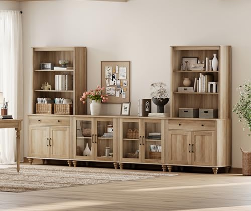 WAMPAT Entertainment Center with Bookshelves for TVs up to 75", Farmhouse Wall Unit TV Stand with 8 Doors & 4 Drawer, Media Console Table for Living Room, Bedroom & Home Theater, Off White